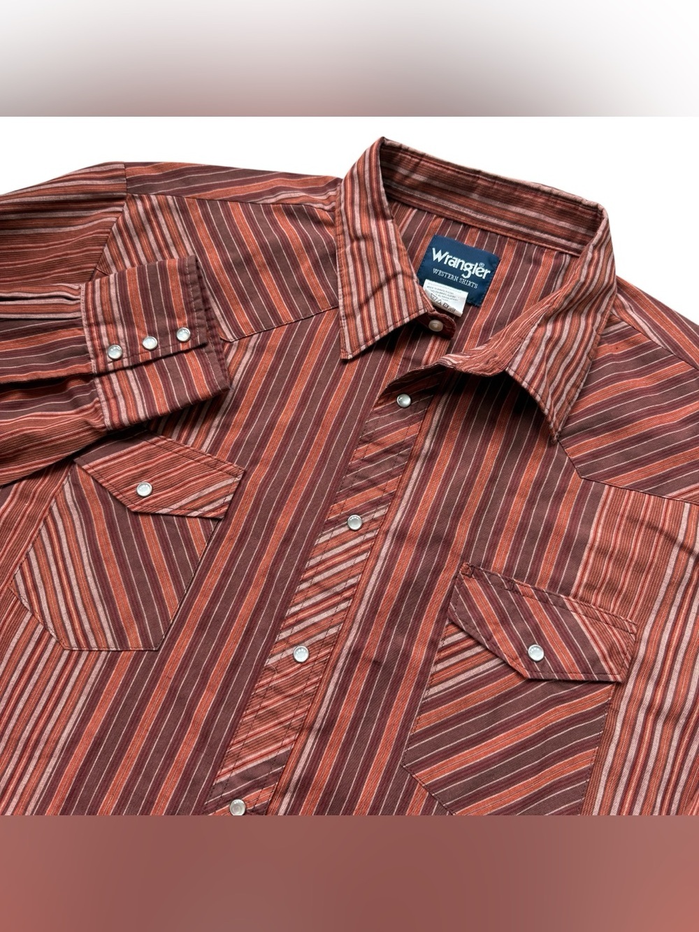 Vintage Wrangler Western Stripe Pearl Snap Shirt Rust Brown Cowboy Ranchwear XXL
